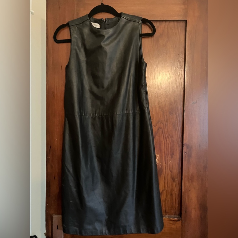 Chic Calvin Klein Black Leather shift dress.
